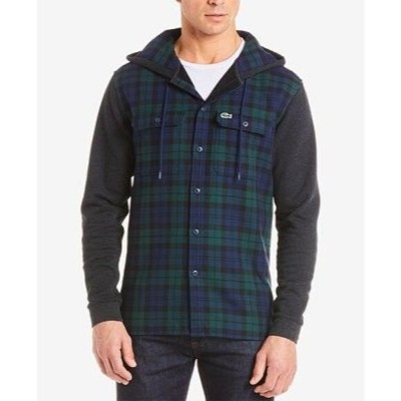 Lacoste Size XL Men's Tartan Black Plaid Flannel Shirt Jacket With Pockets - Picture 1 of 11